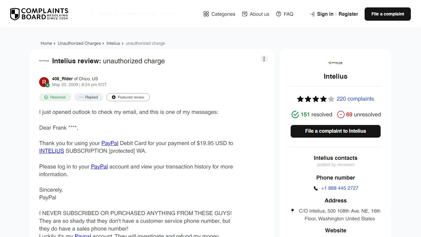 [Resolved] Intelius Review: unauthorized charge - ComplaintsBoard.com